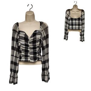 Lily & Star Bell Sleeves Square Neckline Plaid Black/White Blouse Size XL